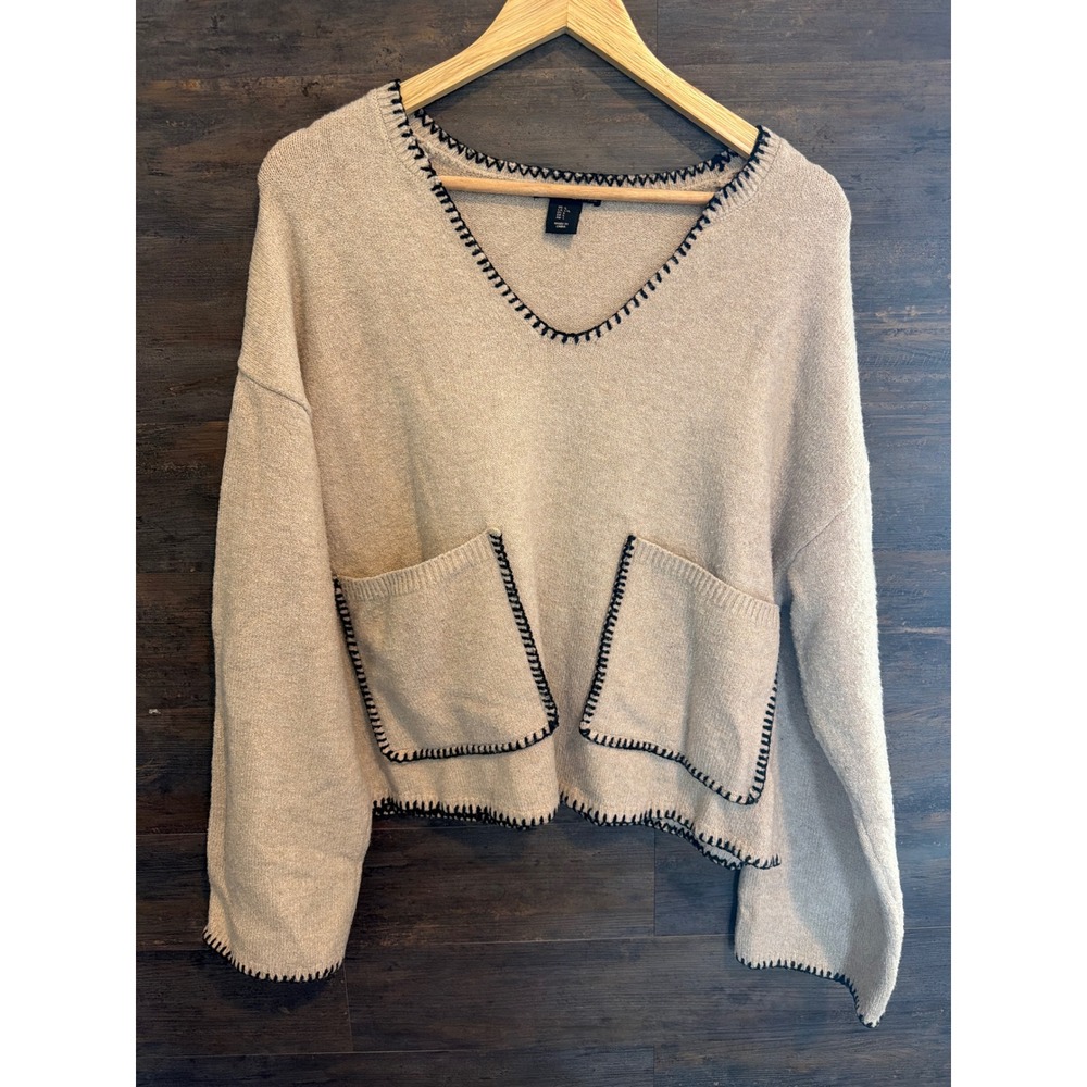Christian Lacroix Beige Whipstitch V-Neck Sweater Women Large Black Trim Pockets